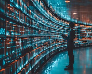 Poster - A library of the future with flowing digital data streams, highlighting the role of cloud storage in digital transformation and the future of information access