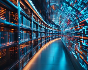 Poster - A library of the future with flowing digital data streams, highlighting the role of cloud storage in digital transformation and the future of information access
