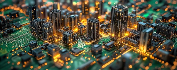 Poster - Circuit board design resembling a cityscape, symbolizing smart city technology, digital connectivity, and futuristic urban infrastructure