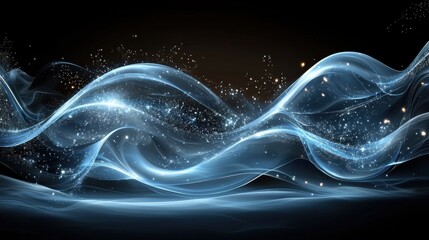 Poster - Soft blue waves of light and sparkle dance gracefully across a dark background creating an ethereal atmosphere in a digital art display