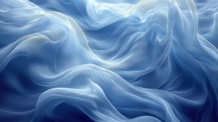 Poster - Soft blue fabric gracefully flowing in gentle waves, creating a serene and tranquil atmosphere during daylight