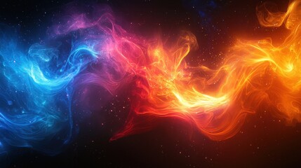 Poster - Colorful swirling abstract design of blue and orange flames against a dark cosmic background