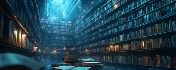 Poster - Digital data flowing like streams in a futuristic library, illustrating the concept of cloud storage and the rapid advancement of digital transformation