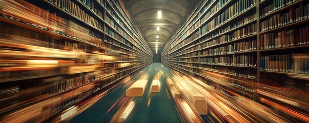 Poster - Digital data flowing like streams in a futuristic library, illustrating the concept of cloud storage and the rapid advancement of digital transformation