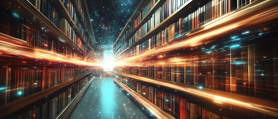 Poster - Digital data streams flowing through a futuristic library, symbolizing cloud storage and the transformation of information in the digital age