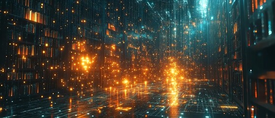 Poster - Digital data streams flowing through a futuristic library, symbolizing cloud storage and the transformation of information in the digital age