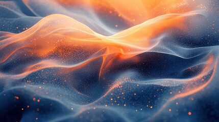 Poster - Abstract waves of orange and blue light shimmer softly, creating a tranquil and mesmerizing atmosphere at twilight in a digital landscape