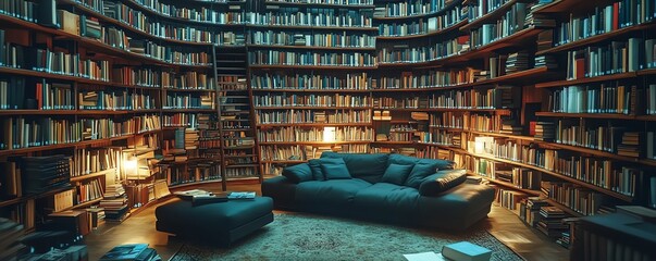 Poster - Futuristic library filled with digital data streams, representing cloud storage and the ongoing revolution of digital transformation in the world of knowledge