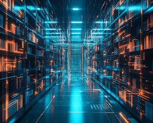 Poster - Futuristic library with glowing digital data streams, representing the seamless integration of cloud storage and digital transformation in knowledge management