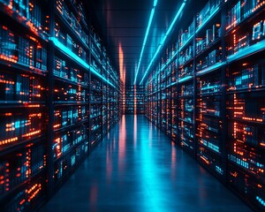 Poster - Futuristic library with glowing digital data streams, representing the seamless integration of cloud storage and digital transformation in knowledge management