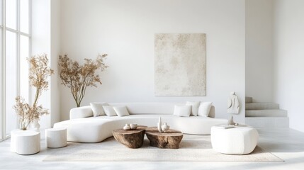 a celestial-inspired minimalist retreat living room design boasting a white canvas backdrop, adorned