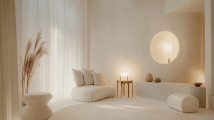 Poster - A celestial-inspired minimalist sanctuary living room design set against a white canvas backdrop, Enhanced by minimalist celestial furniture arrangements, Celestial minimalist style