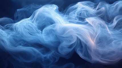 Poster - Soft blue smoke swirls gracefully in an abstract composition against a dark background, creating an ethereal and calming atmosphere