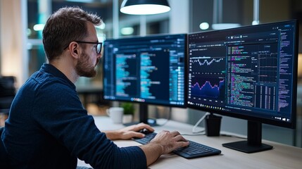 software engineer analyzing code on dual monitors