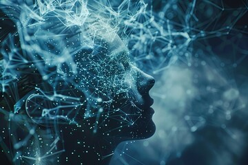 Poster - A digital representation of a human silhouette showcasing neural connections and vibrant particles against a dark background. Generative AI