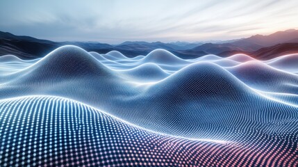 Fototapete - Abstract Digital Landscape Glowing Data Points Wave Terrain