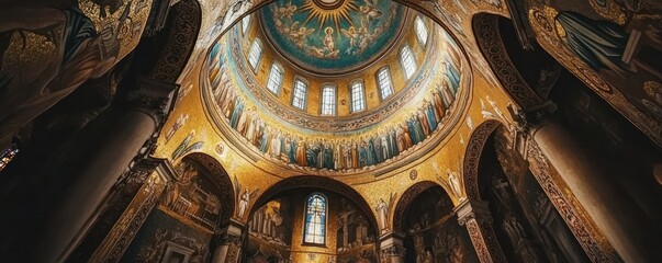 Wall Mural - A stunning interior view of a dome adorned with mosaics and religious icons.