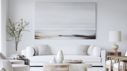 Aufkleber - A chic and tranquil living room design featuring a white canvas backdrop, Minimalist furniture arranged thoughtfully, Minimalist coastal style