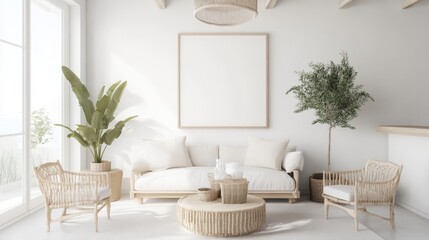 Aufkleber - A chic and tranquil living room design featuring a white canvas backdrop, Minimalist furniture arranged thoughtfully, Minimalist coastal style