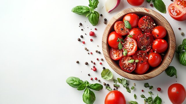 A plate of Greek salad on a white background. Top view. The concept of proper nutrition.
