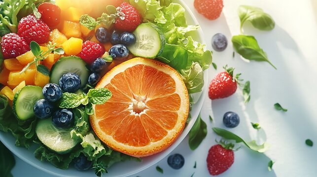 A plate of Greek salad on a white background. Top view. The concept of proper nutrition.