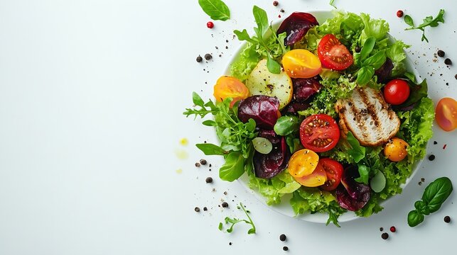 A plate of Greek salad on a white background. Top view. The concept of proper nutrition.