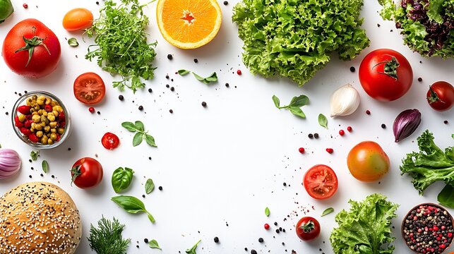 A plate of Greek salad on a white background. Top view. The concept of proper nutrition.
