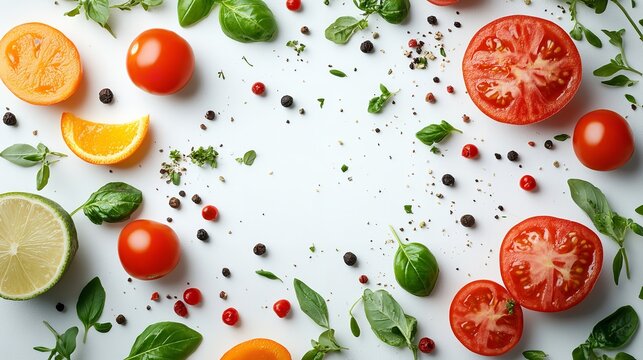 A plate of Greek salad on a white background. Top view. The concept of proper nutrition.
