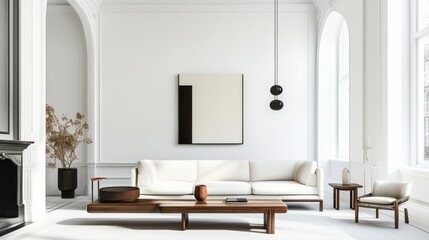 Poster - A contemporary minimalist living room design adorned with a pristine white canvas backdrop, Showcasing carefully curated furnishings for a clean and modern aesthetic