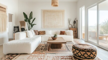 Poster - A contemporary minimalist living room design adorned with a pristine white canvas backdrop, Showcasing carefully curated furnishings for a clean and modern aesthetic
