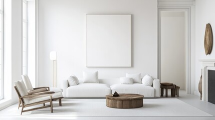 Poster - A contemporary minimalist living room design adorned with a pristine white canvas backdrop, Showcasing carefully curated furnishings for a clean and modern aesthetic