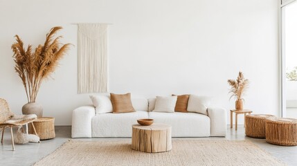 Poster - A contemporary minimalist living room design adorned with a pristine white canvas backdrop, Showcasing carefully curated furnishings for a clean and modern aesthetic
