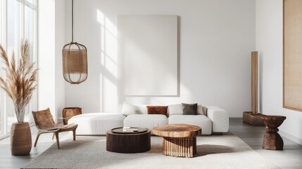 Poster - A contemporary minimalist living room design adorned with a pristine white canvas backdrop, Showcasing carefully curated furnishings for a clean and modern aesthetic