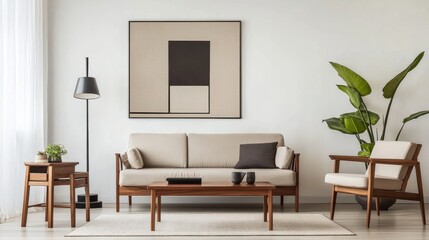 Poster - A contemporary minimalist living room design with a pristine white canvas backdrop, Showcasing minimalist furniture arrangements for a clean aesthetic, Infusing Bohemian style with minimalist charm