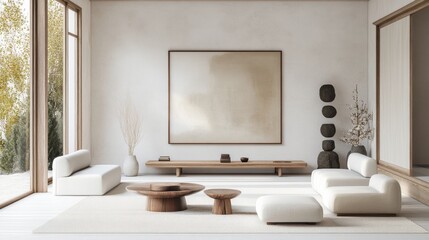 Poster - A contemporary minimalist living room design with a pristine white canvas backdrop, Showcasing minimalist furniture arrangements for a clean aesthetic