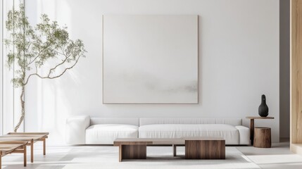 Poster - A contemporary minimalist living room design with a pristine white canvas backdrop, Showcasing minimalist furniture arrangements for a clean aesthetic