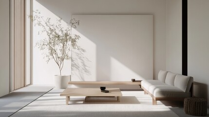 Poster - A contemporary minimalist living room design with a pristine white canvas backdrop, Showcasing minimalist furniture arrangements for a clean aesthetic
