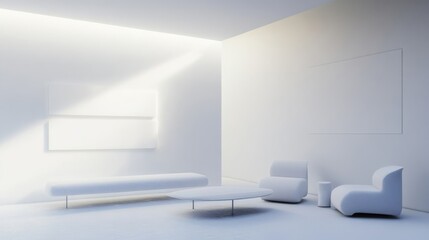 Poster - A contemporary minimalist living room design with a pristine white canvas backdrop, Showcasing minimalist furniture arrangements for a clean aesthetic
