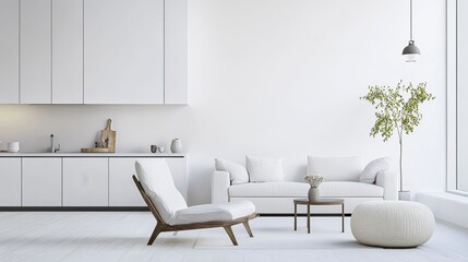 Poster - A contemporary minimalist living space adorned with a pristine white canvas setting, Featuring carefully curated furnishings for a clean and modern aesthetic