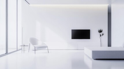 Poster - A contemporary minimalist living space adorned with a pristine white canvas setting, Featuring carefully curated furnishings for a clean and modern aesthetic