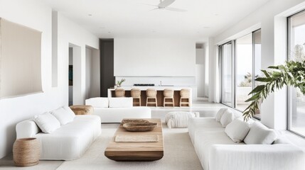 Poster - A contemporary minimalist living space adorned with a pristine white canvas setting, Featuring carefully curated furnishings for a clean and modern aesthetic