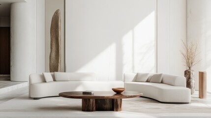 Poster - A contemporary minimalist lounge area adorned with a pristine white canvas backdrop, Showcasing carefully arranged furnishings for a clean and modern aesthetic
