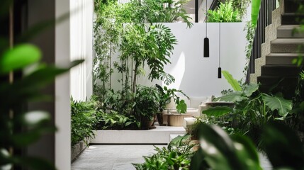 Poster - A contemporary urban oasis of a living space design featuring a white canvas backdrop, Enhanced with greenery and natural materials, Urban jungle style