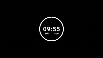 10 minutes circle countdown timer animation, 10 minutes timer animated on black background, ten minu