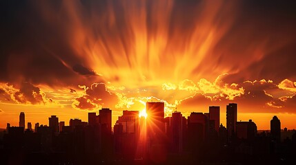 Wall Mural - Breathtaking sunset over a city with golden rays illuminating the sky and the silhouettes of buildings.