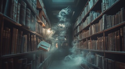Aufkleber - Bookcases in a dimly lit library with smoke and a book floating