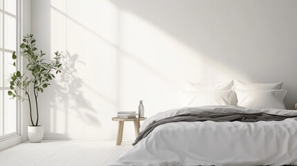 Aufkleber - A cozy and inviting bedroom design adorned with a clean white canvas backdrop, Thoughtfully arranged minimalistic bedroom furniture, Scandinavian minimalist style