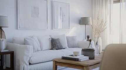 Aufkleber - A cozy and inviting living room design featuring a white canvas backdrop, Minimalist furniture arranged for comfort, Minimalist country chic style