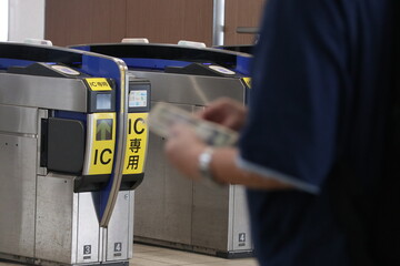 sannomiya Hanshin station platform in kobe japan with tapping machine to enter