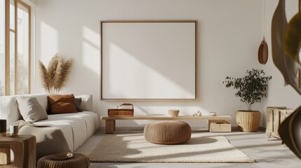 Poster - A cozy and inviting living room design with a white canvas backdrop, Carefully curated minimal furniture, Scandinavian minimalist style
